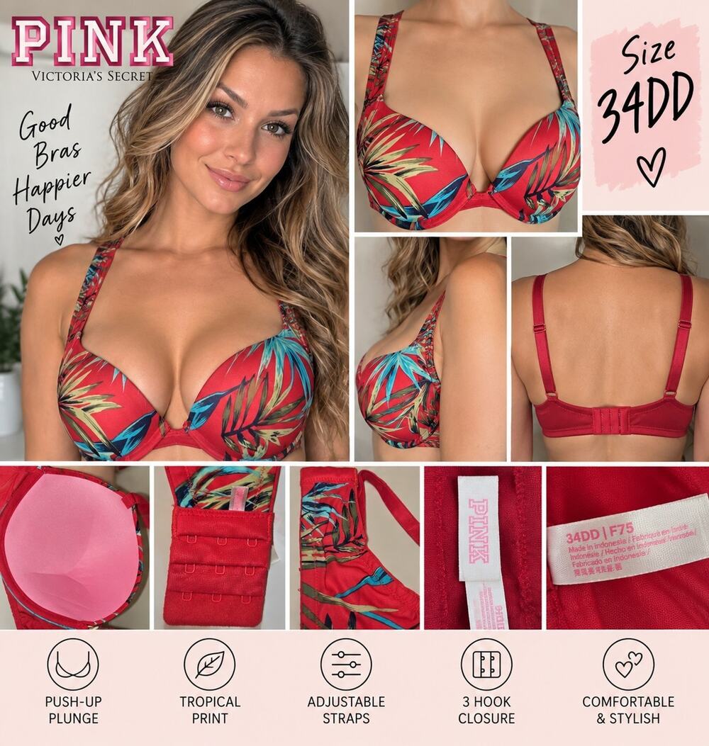 Victoriaโs Secret PINK Bra 34DD Red Tropical Floral Push Up Plunge Underwire